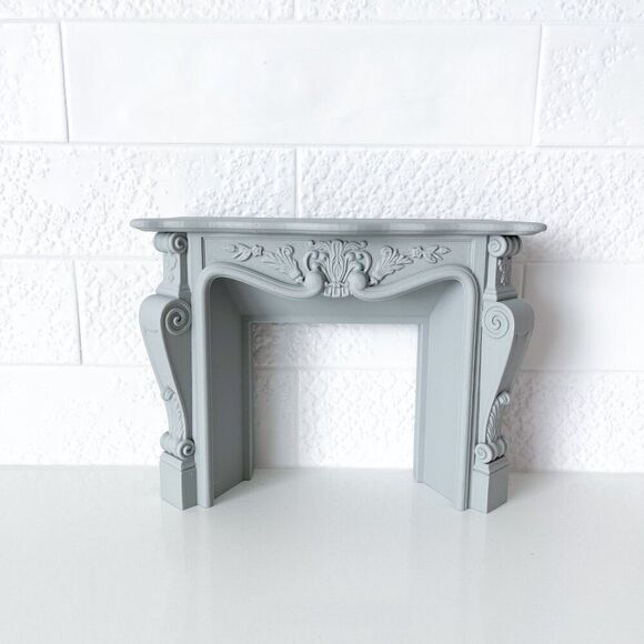 Gray Ornate Fireplace Mantle Miniature 1:6 Scale Dollhouse Furniture Barbie - Picture 2 of 5